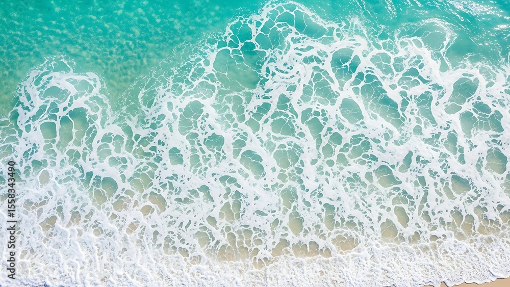 Naklejka premium Aerial vista captures the mesmerizing turquoise ocean water meeting the pristine sandy beach, a serene coastal scene.