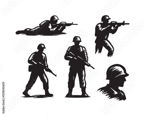 military soldier action poses vector set