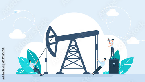 Tiny people of factory maintenance service control. Oil industry, energy and petroleum production. Tiny people control oil crude extraction, work of drilling pumpjack and pipeline. Vector illustration