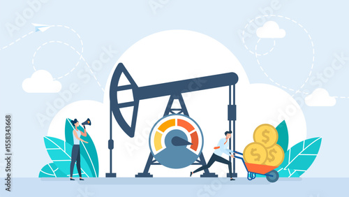 Increase oil production capacity. Oil pump. Extraction technology, Gas market, Well drilling innovation, Petroleum production technology, Man running with wheelbarrow of money. Vector illustration