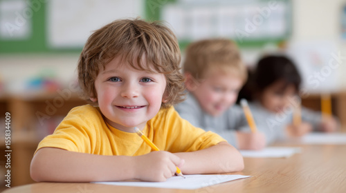 Happy children engaged in arts and crafts in classroom, showcasing creativity and joy while drawing and coloring. atmosphere is vibrant and encouraging for learning
