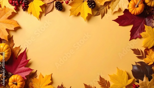 Fototapeta Naklejka Na Ścianę i Meble -  Autumn celebration with colorful leaves and pumpkins cozy indoor setting decorative arrangement warm atmosphere fall vibes