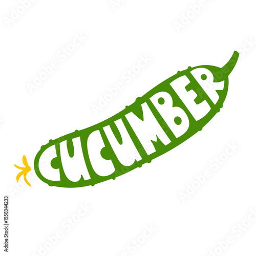 Vector illustration of a cucumber with handdrawn lettering inside its shape. Simple green vegetable silhouette on a white background. creative concept combining food and typography for healthy design