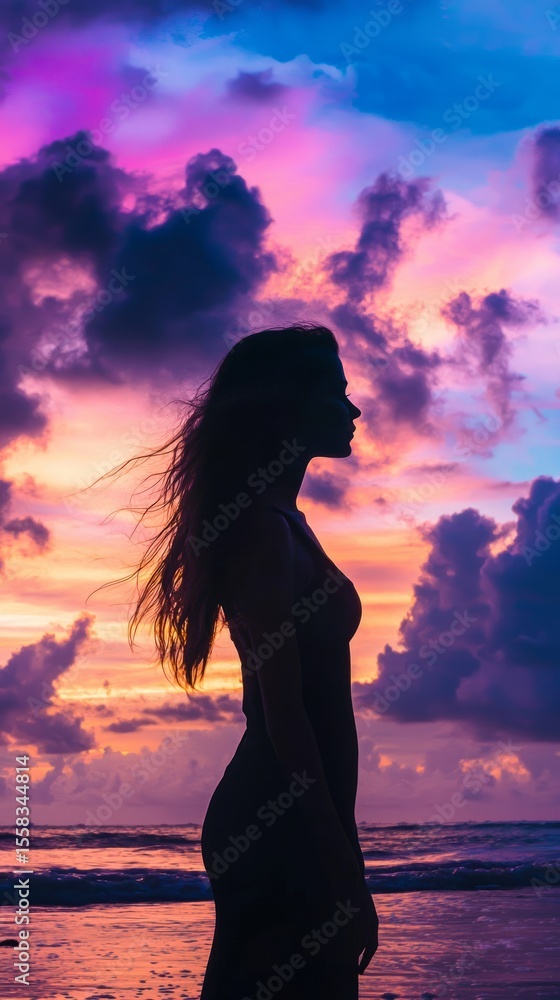 Fototapeta premium A graceful silhouette of a woman stands by the ocean as the sun sets, with vibrant colors painting the sky, creating a serene and reflective atmosphere perfect for conceptual imagery.