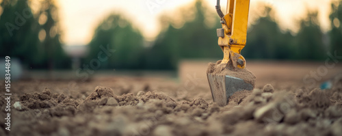 Excavator digging into soil at construction site, showcasing machinery powerful shovel and rich, brown earth. scene captures essence of industrial work and progress