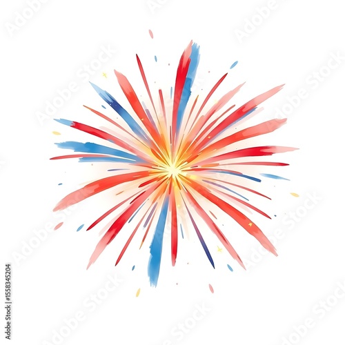 Patriotic Red and Blue Watercolor Firework Burst Illustration Isolated on White Background