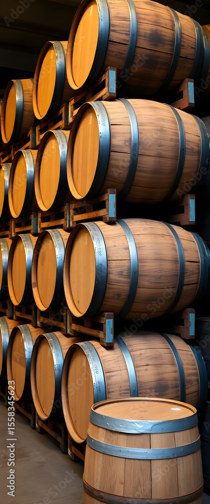 Stacked Wooden Barrels in a Cellar Stacked Wooden Barrels in a Cellar