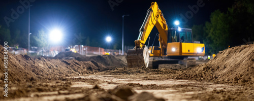 Excavator operates at night on construction site, illuminated by bright floodlights, showcasing machinery powerful movement through dirt and gravel