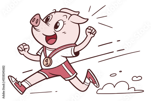 Vector cute Pig cartoon character, athlete pose, running with a medal, triumphant expression, dynamic movement lines, sporty theme, isolated on white background