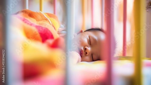 Newborn baby sleeping in crib, wrapped in soft blanket. Peaceful infancy and tender care.
