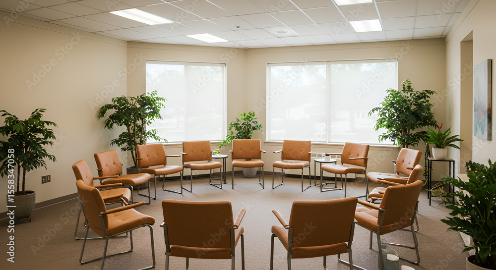 A circle of tan chairs in a light room A circle of tan chairs in a light room
