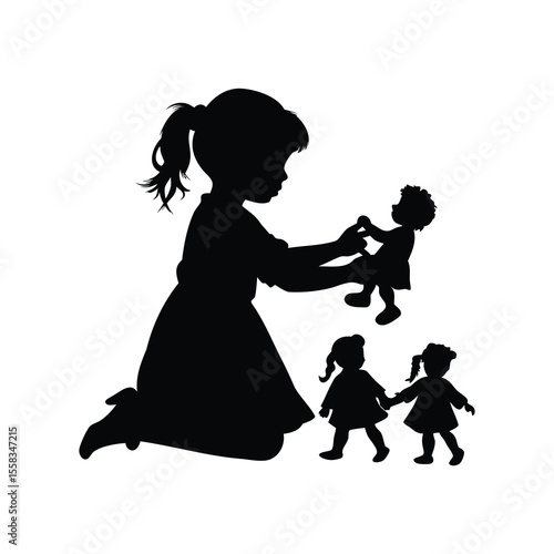 Silhouette image of a young girl playing with her toy dolls