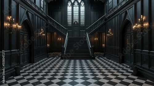 A grand, dark, vintage mansion foyer with checkered flooring, dramatic staircase, gothic windows, and ornate wall sconces.