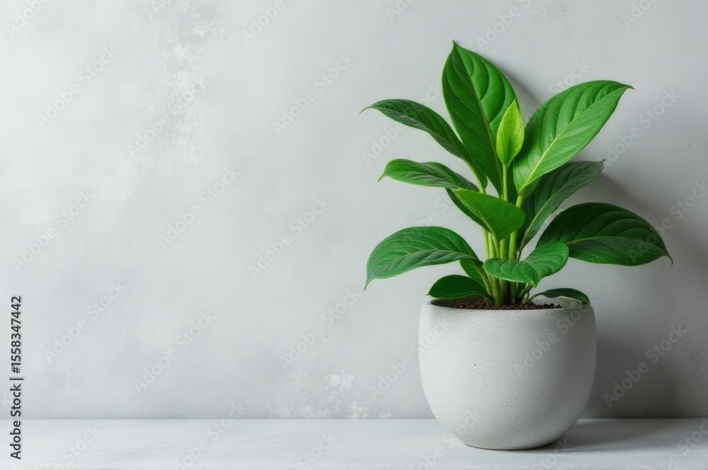 Fototapeta premium A small potted plant sits on a table against a wall, awaiting care