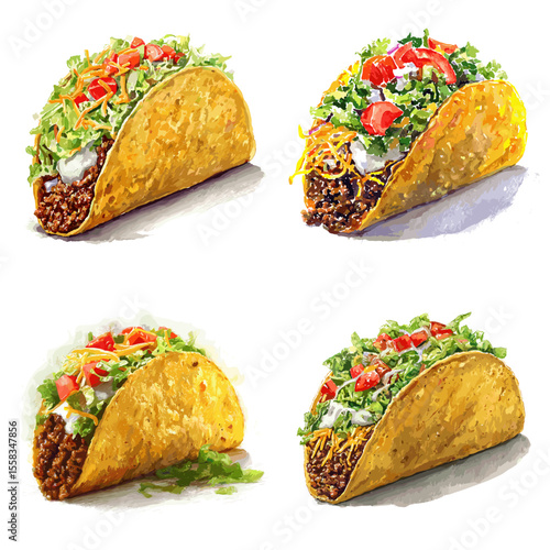 Delicious watercolor tacos filled with beef, lettuce, tomato, and cheese. Ideal for Mexican food menus, recipe blogs, or culinary illustrations.


