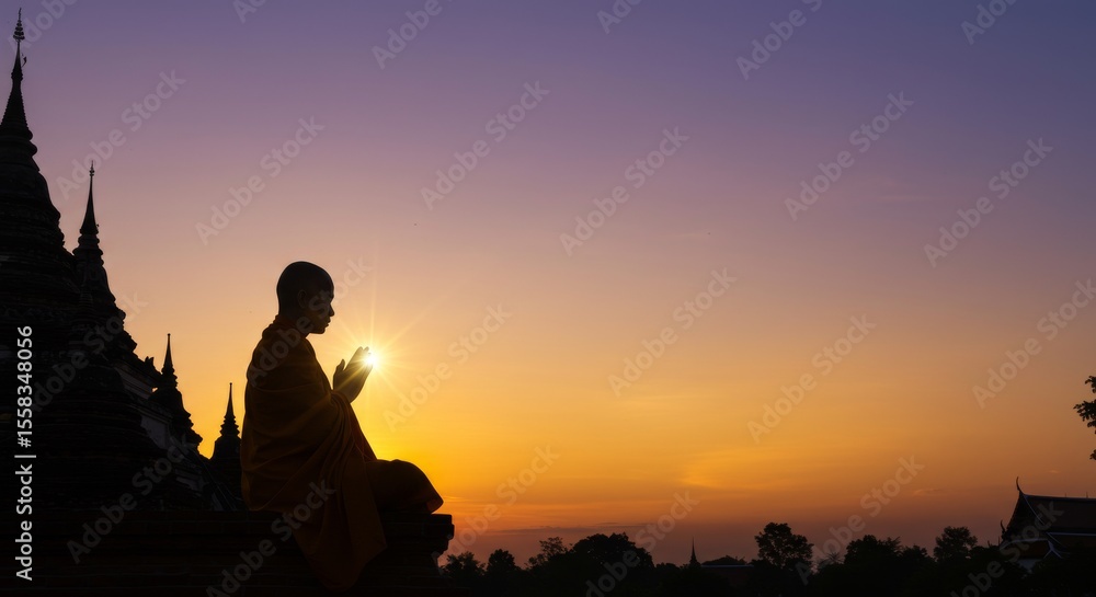 Fototapeta premium silhouette of buddhist monks praying in front of temple at sunset