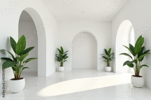 A modern interior design concept with white walls, potted plants, and ornate arches