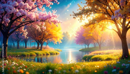 Fototapeta Naklejka Na Ścianę i Meble -  Springtime serenity colorful blossoms by a tranquil lake in a dreamy forest setting at sunset