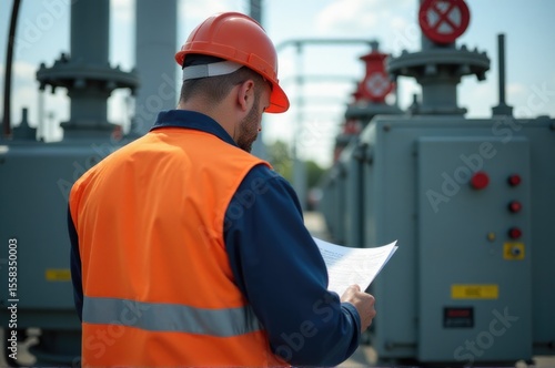 A worker on site holds a document and wears an orange safety vest