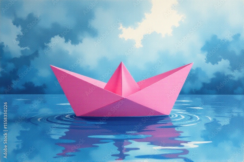 Obraz premium A small pink paper boat floats peacefully on the surface of the water, perfect for illustrating ideas about leisure time, relaxation, or childhood memories