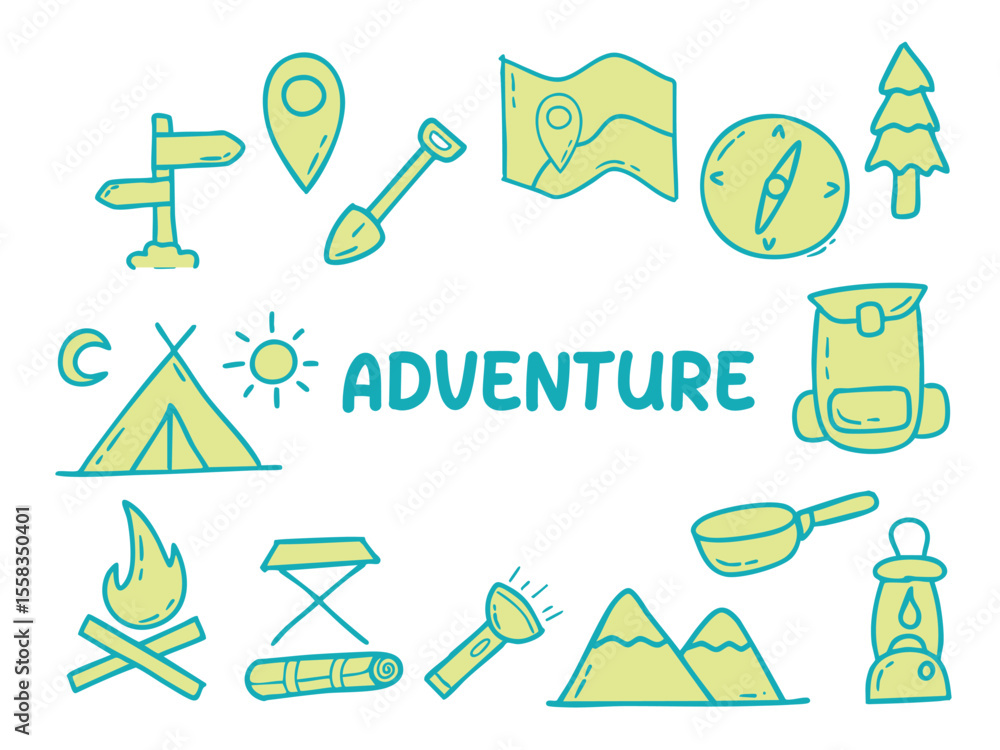Fototapeta premium Set of icons with Adventure theme. With doodle style. For layout, website, graphic design