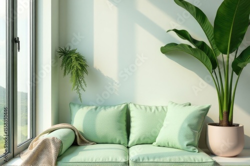 A green couch placed near a window, accompanied by a plant, suitable for home decor or interior design photography