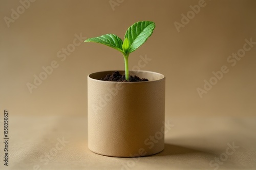 A small plant sits in a brown pot on a table, great for interior design or gardening scenes