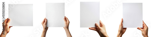 Collection of hands holding blank A4 papers, isolated on a transparent background