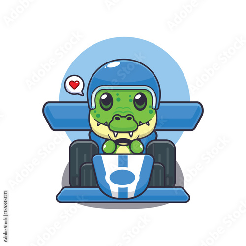 Cute crocodile mascot cartoon character illustration riding race car