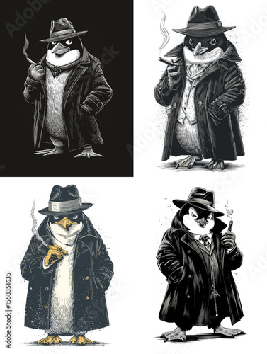 Stylized penguin characters in noir gangster attire with trench coats, hats, and cigars. Perfect for comics, character design, or vintage crime-themed art.

