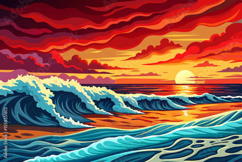 ocean waves rolling onto a sandy beach under a golden sunrise, sea landscape