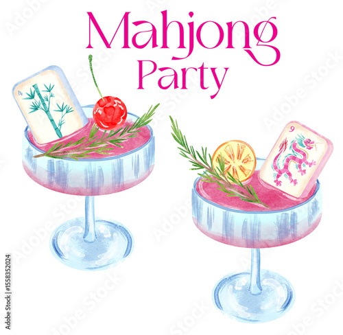 Mahjong party clipart, Mahjong watercolor PNG, Chinese Mahjong clipart, Watercolor Mahjong