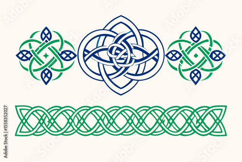 Elegant celtic knotwork designs in blue and green offering versatile decorative elements for graphic design projects on a white background