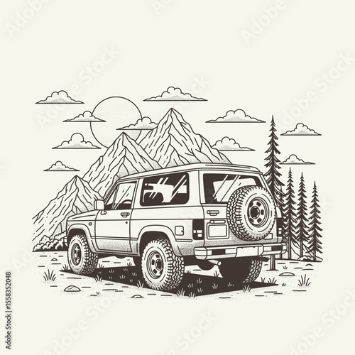 Off-road vehicle navigating a mountainous landscape with pine trees and a setting sun, representing rugged exploration and outdoor adventure. Vector Illustration