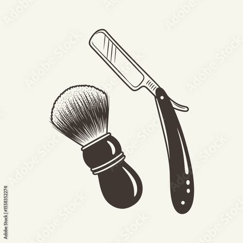 Classic shaving brush and straight razor, representing traditional grooming, barbershop culture, and masculine elegance. Vector Illustration