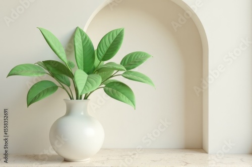 A white vase containing a small green plant