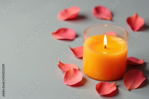 A candle surrounded by flower petals on a table