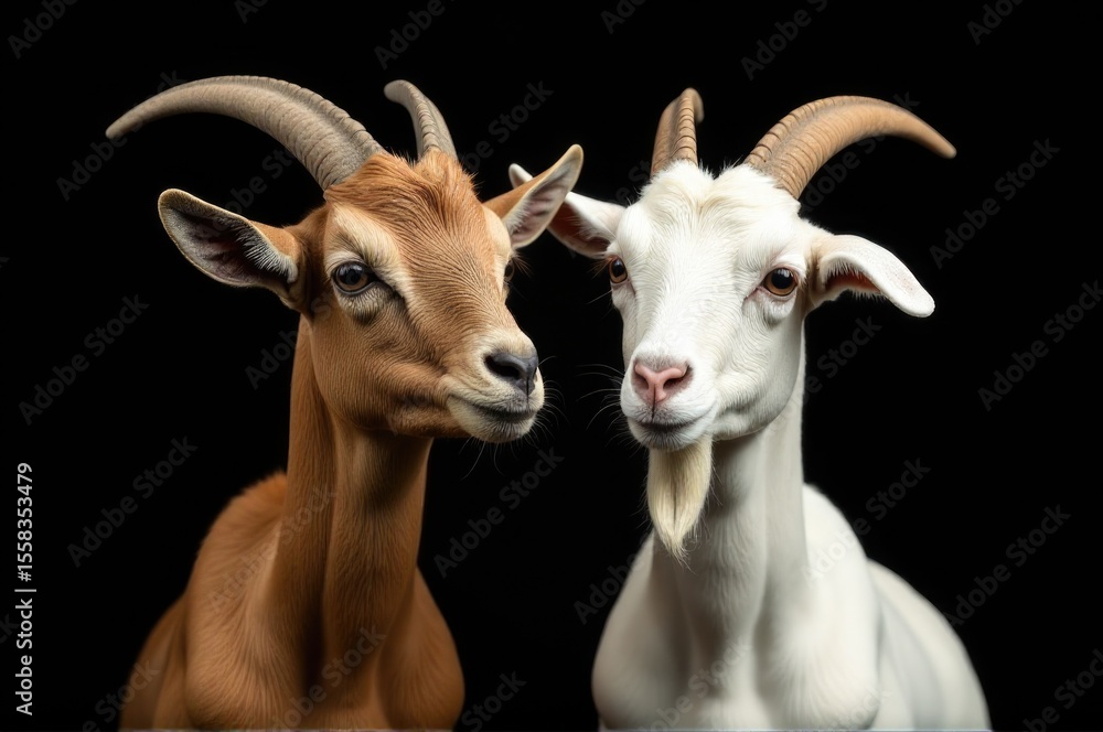 Fototapeta premium Two goats stand side by side in a natural setting