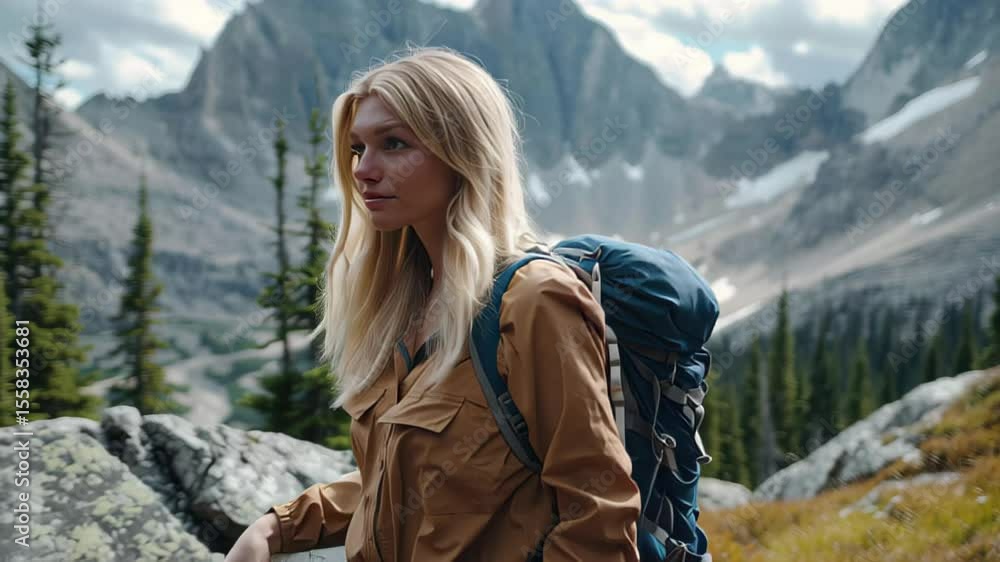 Beautiful blonde female hiker studies map while exploring stunning mountainous terrain in daylight, Beautiful Blonde Female Hiker Looks at the Map While Standing on the Mountain Trail Beautiful blonde female hiker studies map while exploring stunning mountainous terrain in daylight, Beautiful Blonde Female Hiker Looks at the Map While Standing on the Mountain Trail