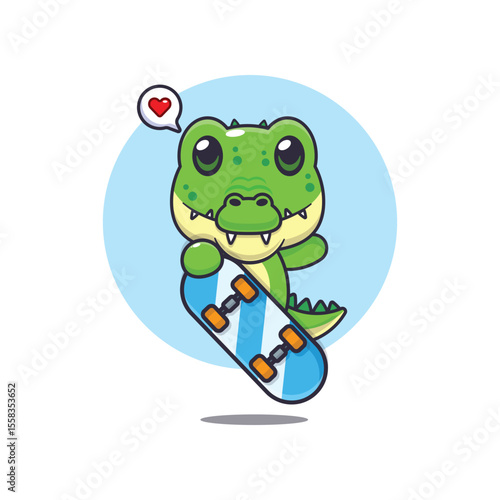 Cute crocodile mascot cartoon character illustration with skateboard