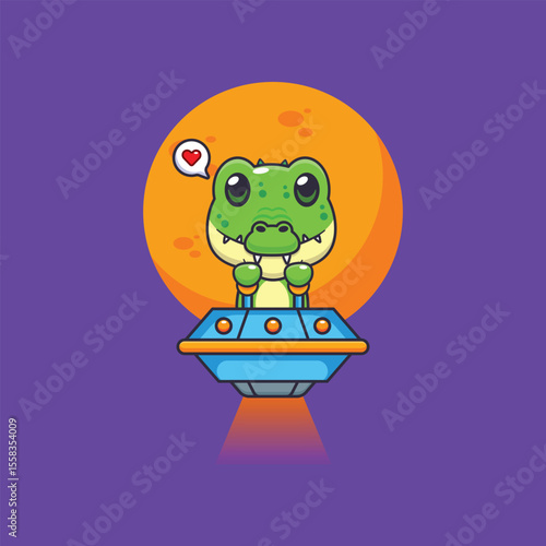 Cute crocodile mascot cartoon character illustration fly with ufo