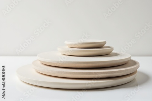 A stack of plates sitting on a table, great for use in still life photography or as a prop for food or product images
