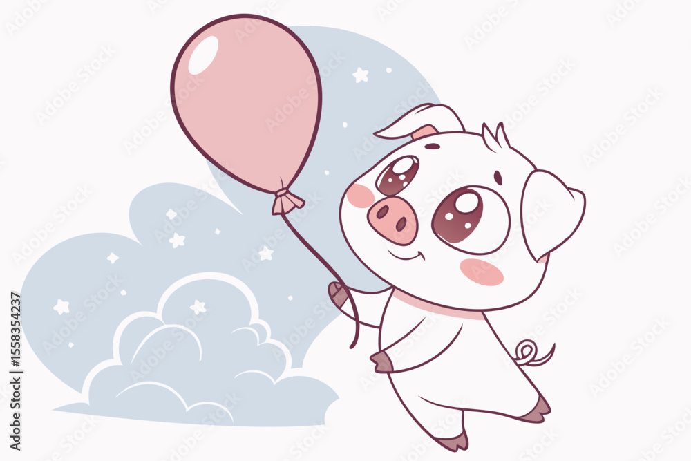 Vector cute Pig cartoon character, holding a balloon, floating gently, dreamy expression, pastel sky background hint, ethereal feel, isolated on white background Vector cute Pig cartoon character, holding a balloon, floating gently, dreamy expression, pastel sky background hint, ethereal feel, isolated on white background