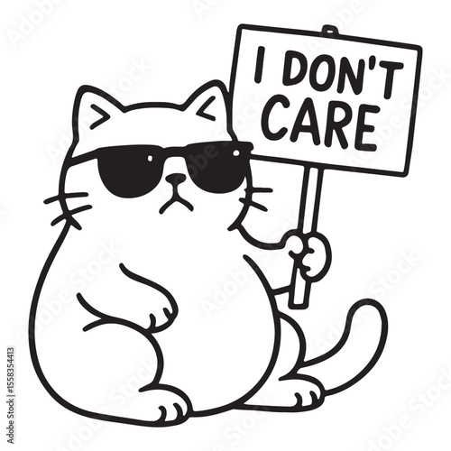 Funny cartoon cat wearing sunglasses holding a protest sign, a chill and sarcastic vibe perfect for humorous designs.