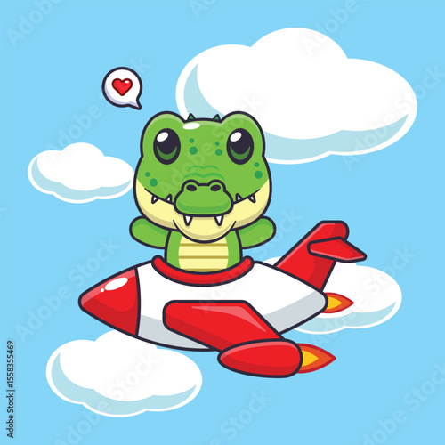Cute crocodile mascot cartoon character illustration ride on plane jet