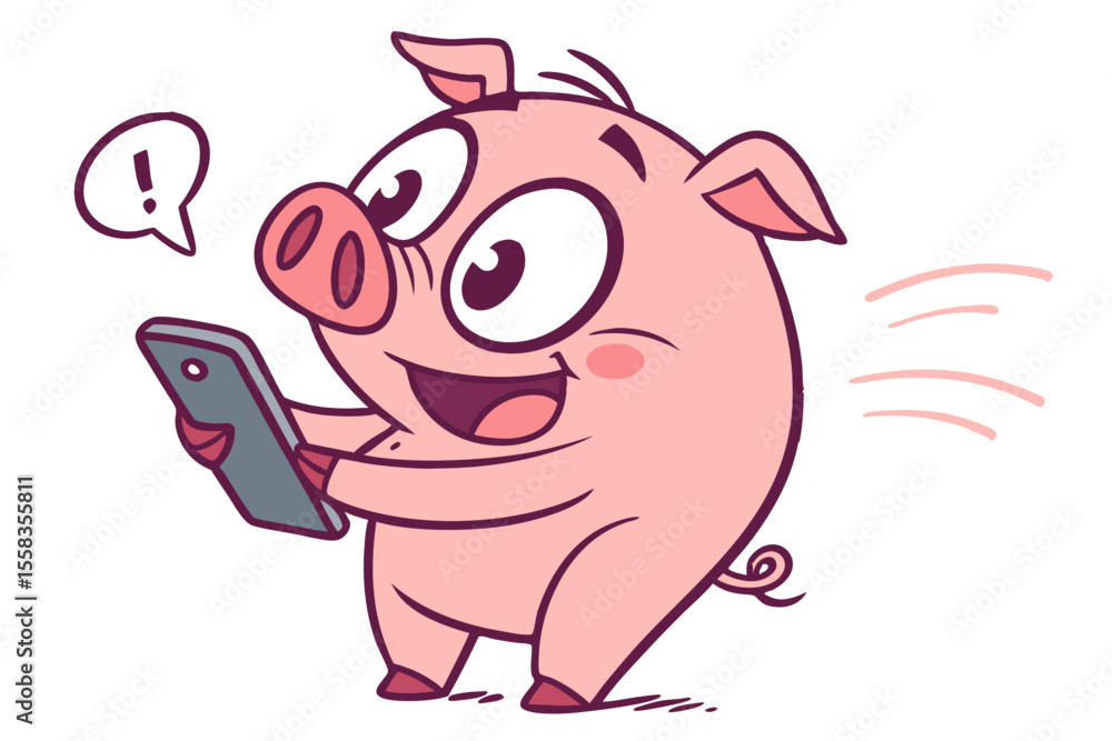 Naklejka premium Vector cute Pig cartoon character, holding smartphone isolated on white background