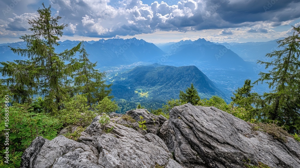 Obraz premium Panoramic mountain vista, rocky outcrop, evergreen trees, valley below, dramatic cloudscape