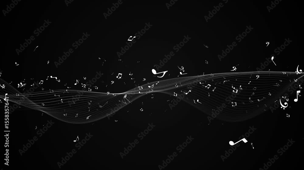 Elegant music notes concert event particle dust. notes animation background for music production lyric song from artists, concept writing music, background for related content 3D 4K