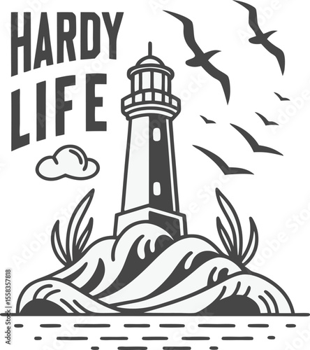 Hardy Life Lighthouse Vector Silhouette with Ocean Waves and Flying Birds in Minimal Nautical Style for Coastal Design, Vintage Posters, Maritime Art Templates
