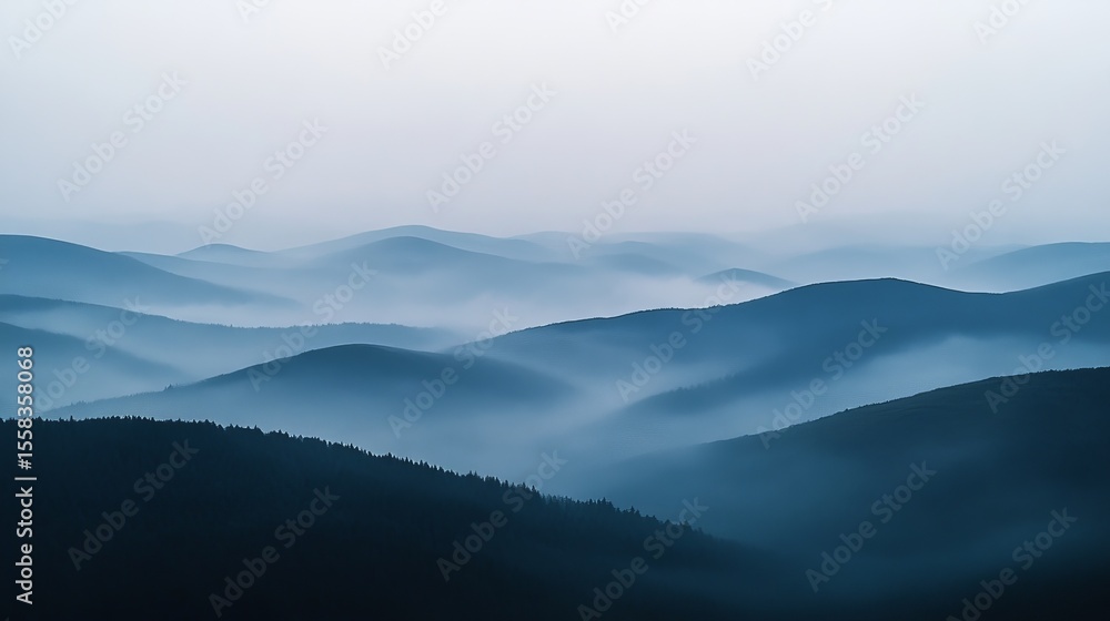 Fototapeta premium Serene misty mountain landscape, showcasing rolling hills shrouded in a bluish haze, creating a tranquil and ethereal atmosphere